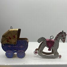 Vintage Sugared Putz Rocking Horse Stroller Christmas Ornament Lot Carriage picture