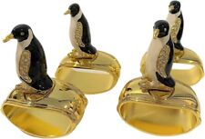Hans Turnwald Set 4 Penguin Crystal Enamel Gold Napkin Ring Figural Signed NEW picture