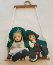 Vtg~Dekorationsartikel Kein Spielzeug 2 Porcelain Face Dolls On Swing Puppet  picture