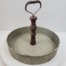 Vintage Farmhouse Metal Caddy w/ Wood Handle 12 Inch Round picture