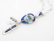 Vintage Native American Lapis Lazuli, Inlay Feather Sterling Silver Necklace picture