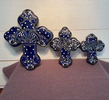 Set Of 3 - Mexican Art -Talavera Folk Art Crosses -  Hand Painted - Royal Blue   picture