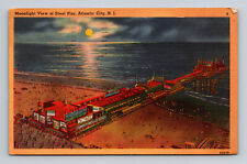 Moonlight View Steel Pier Atlantic City NJ Beach Full Moon Linen Postcard picture