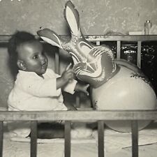 Vintage B&W Snapshot Photograph Adorable Black African American Baby Rabbit Toy picture
