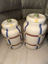 Longaberger Pottery Multi Plaid Mixed Harvest Canister With Lid Set Of 2 picture