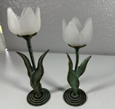 Vintage Candle Holders Lot Frosted Glass Tulip Flower Verdigris Metal Set Of 2 picture