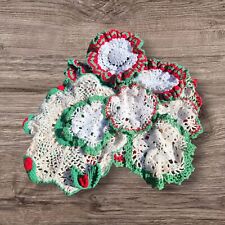 Lot of 11 VTG Hand Crochet Doilies Green and Red Various Sizes MCM Granny Core picture