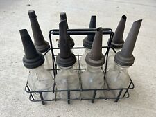 Antique Vintage Set Of 8 Glass Motor Oil Bottles With Tin Tops, In Carrier picture
