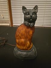 Vintage Tin Chi Cat Tiffany Style Table Accent Lamp Night Light Amber Glass picture