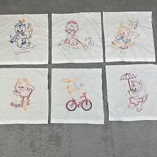 Vintage Handmade Embroidered Cat Quilt Fabric Pieces Lot 6 Embroidery Squares picture