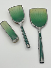 Vintage 3 Piece Art Deco Green Vanity Set Silver Chrome Hair Cloth Brush Mirror picture