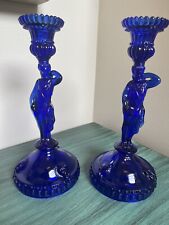 Incredibly Rare Cobalt Blue Glass Figural Candlesticks featuring Grecian Goddess picture