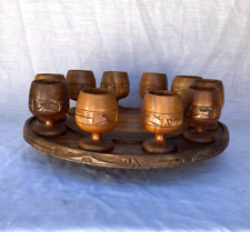 Vintage Beautifully Carved Wood 10 Goblets and Rotating  Tray Set - Rare picture