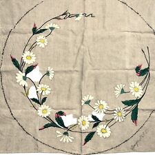 Vintage Hand Embroidered Linen Tablecloth Beige Daisy Tassels Square 33x33” picture