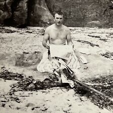 Vintage B&W Snapshot Photograph Handsome Man Bathing Suit Beach Reading Gay Int picture