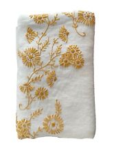 Vintage hand Embroidered White Linen Tablecloth Gold Floral Oval 82x56 *READ* picture
