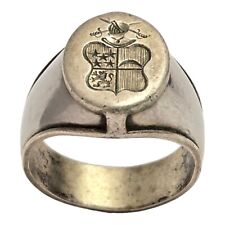 Antique Sterling Silver Family Crest Intaglio Seal Shield Ring -Size13 picture