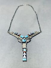 DROPDEAD GORGEOUS BIB VINTAGE ZUNI TURQUOISE INLAY STERLING SILVER NECKLACE picture