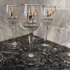 Vintage MCM Gold Appliqué Pheasant Stemmed Cocktail Glasses picture