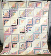 Vintage Quilt Apx 1930s Feedsacks Log Cabin Pattern Hand Quilted NEEDS CLEANING picture