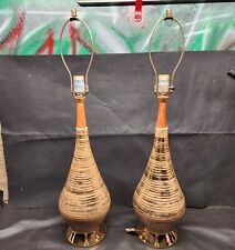 Mid Century Modern Danish Textured Ceramic Art Pottery Lamps Set Of 2 Gold Tone picture
