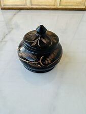 Vintage Black Handmade Wooden Hand Carved Trinket Box Round picture