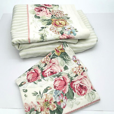 Vintage Dan River Floral Bedding Sheet Set Double/Full Size Roses Green Stripes picture