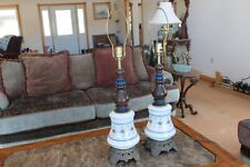 Quoizel Abigail Adams 1973 Vtg Wood & Glass 2 Matching Blue Floral Table Lamps picture
