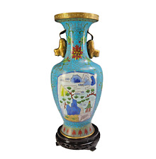 Antique Turquoise Cloisonné Vase Floral Brass Enamel w/ Stand Qing Dynasty picture