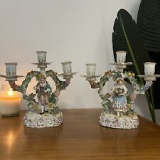 Antique German Dresden Porcelain Pair Man And Woman Candlestick Holder picture