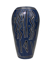 5.5” Stone Art Vase Blue Black Tribal Native Abstract Design picture