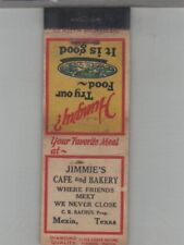 Matchbook Cover 1930s Diamond Quality Jimmie's Cafe & Bakery Mexia, TX picture
