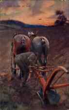 Ernest Linzell Farmer Unhooks Plow Horses Sunset c1910 Vintage Postcard picture