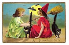 c1909 Halloween Postcard Witch Young Girl & 2 Black Cats/Bats picture