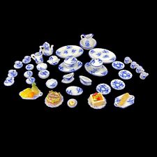 Vintage Miniature Doll House Accessories Blue White Dinner Set + Food Items picture