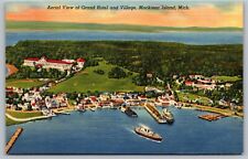 Postcard Aerial View Of Grand Hotel And Village Mackinac Island MI VTG c1950  I2 picture